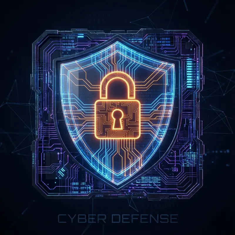 Illustration of a glowing padlock inside a shield, labeled cyber defense
